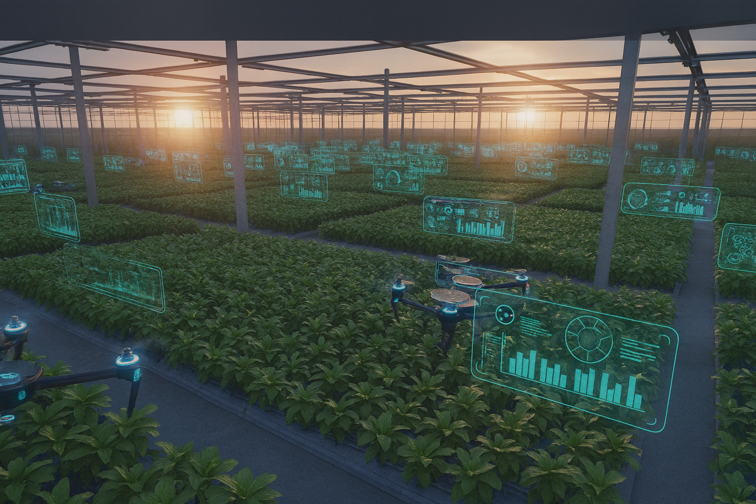 Invernadero con tecnología avanzada y drones de monitoreo